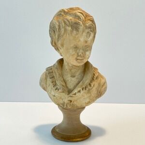 Vintage Style Bust Young Boy Statue Sculpture Antiqued Decor Cream Tan